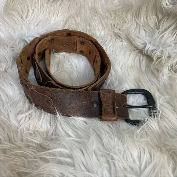 Red Mens Brown  Leather Studded Adjustable with Buckle Western Belt Brown XXL - Picture 5 of 7